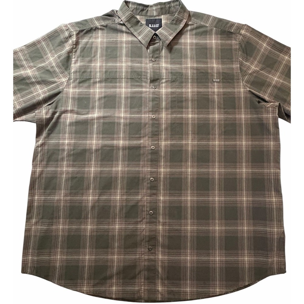5.11 Tactical Shirt Men XXL 2X Green Button Down Glen Check Plaid Short Sleeve